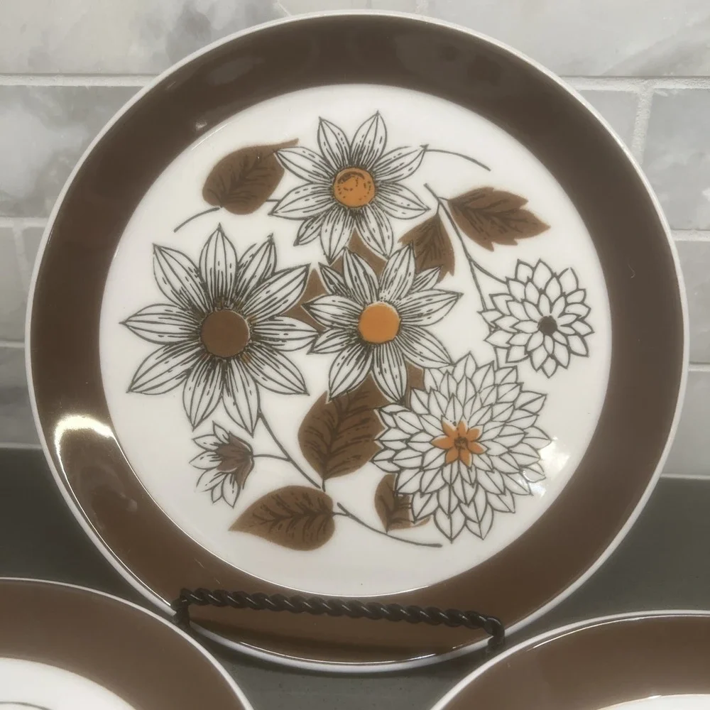 5-Vintage Mikasa Duplex Frolic Salad Plate Ben Seibel Brown Flower Power 7.5